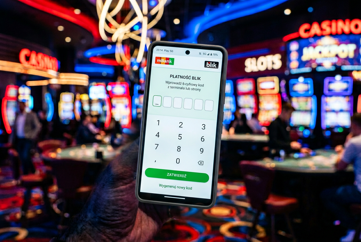 Smartphone interface showing a secure BLIK payment authentication process for a casino deposit