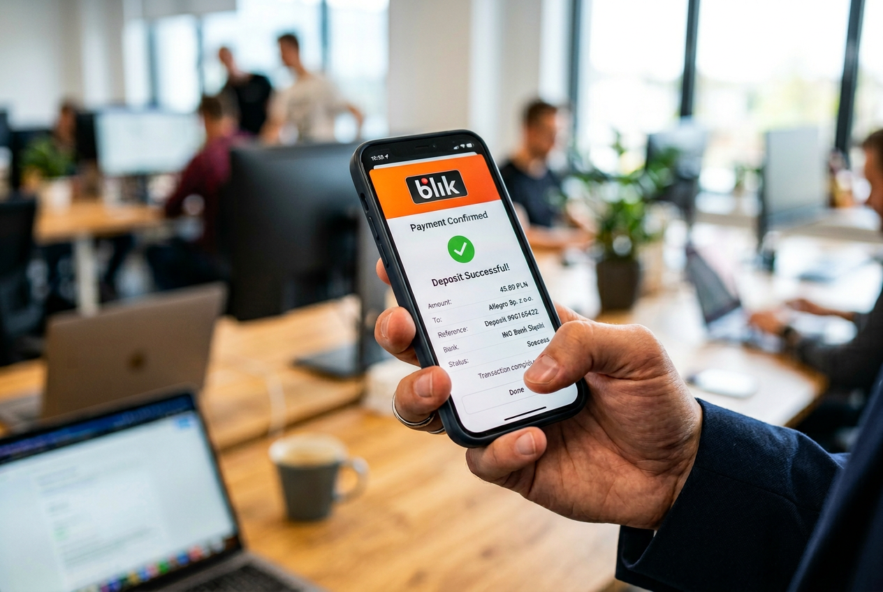 Ekspert testujący aplikację kasyna na smartfonie z widocznym panelem płatności BLIK