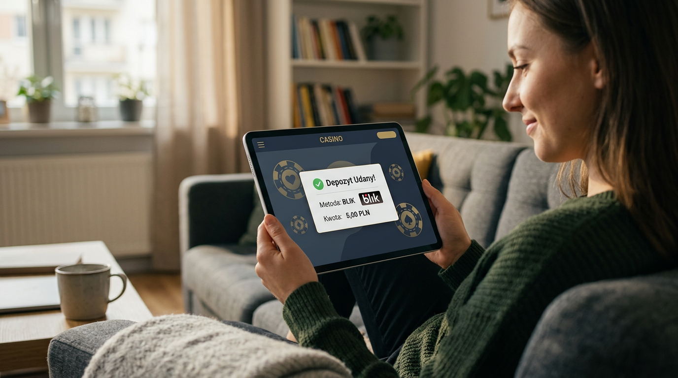 Futuristic digital casino lounge showing a BLIK deposit confirmation for 5 PLN