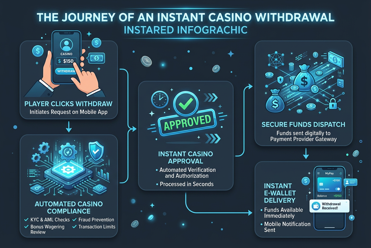 Infografika przedstawiająca mechanizm natychmiastowych wypłat od zlecenia do portfela e-wallet