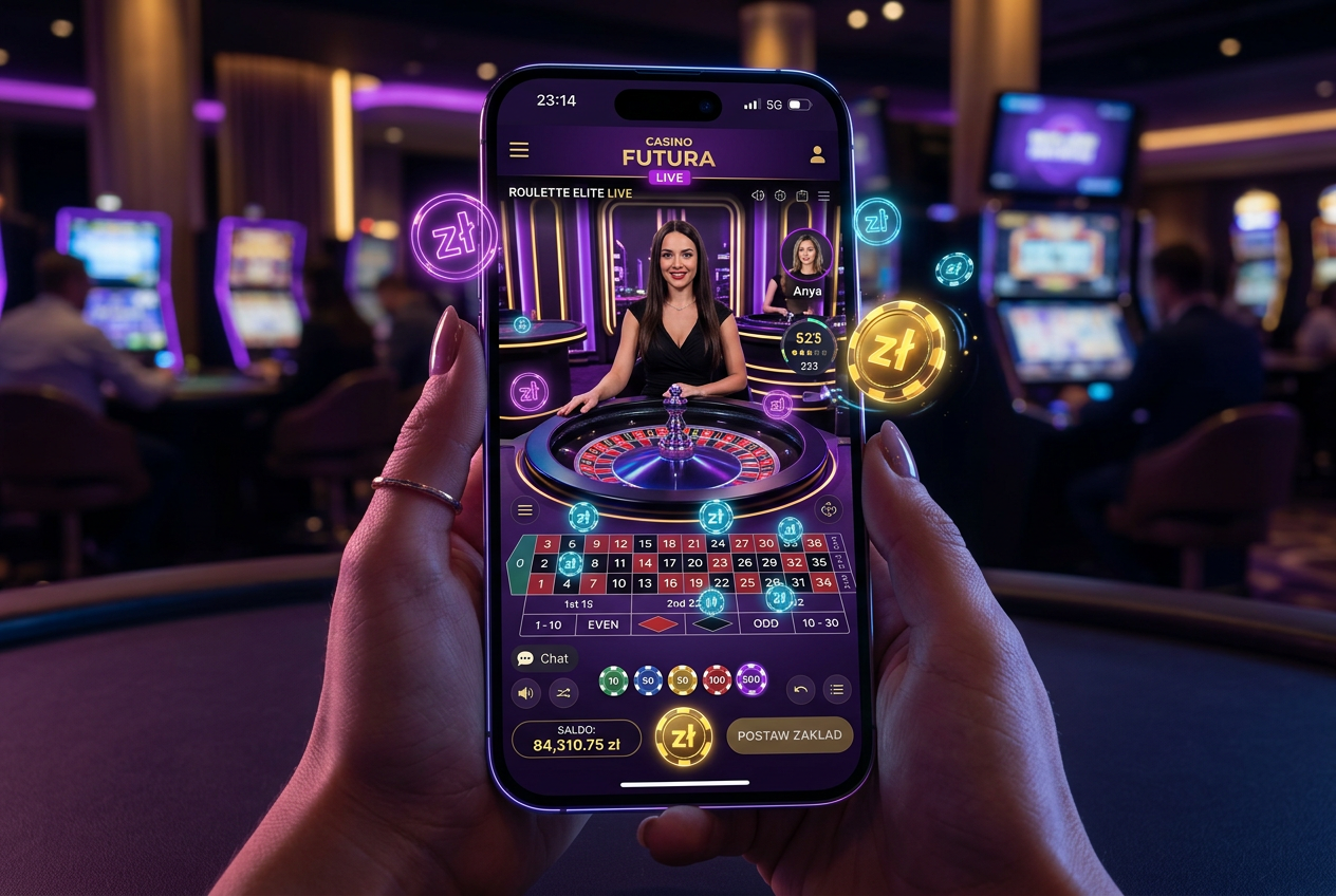 Modern futuristic live casino interface with AR features and high-tech polish gambling environment