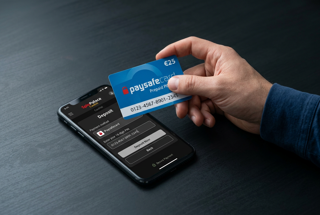 Zbliżenie na fizyczną kartę Paysafecard z 16-cyfrowym kodem PIN obok smartfona z aplikacją kasynową.